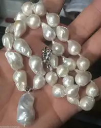Бесплатная доставка продажи женщин свадебное ювелирные > 13 x 18 мм природный южного барокко белый Akoya жемчужное ожерелье кулон