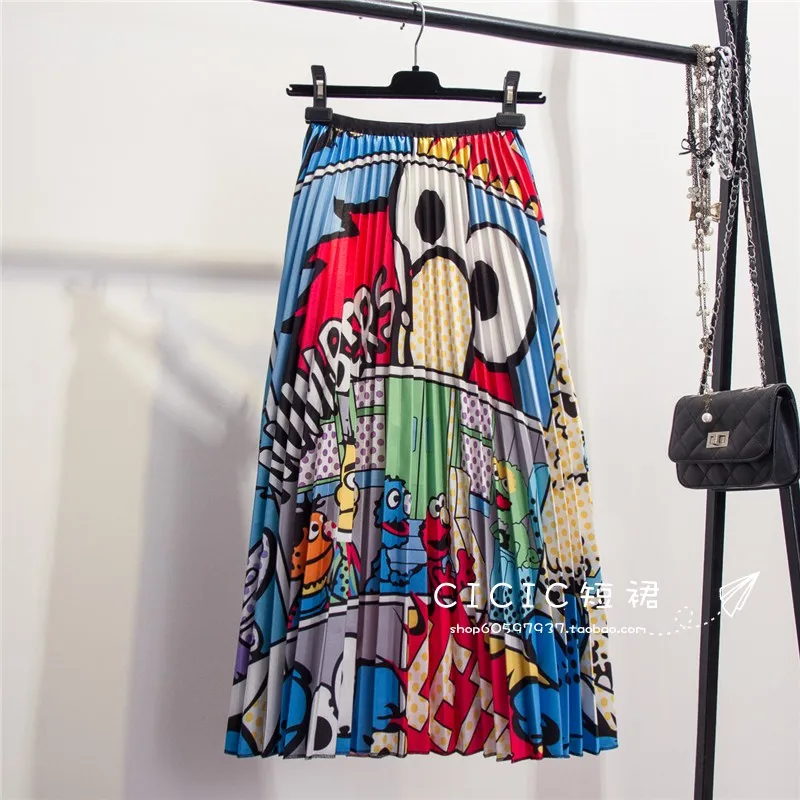

2019 New Spring Europen Cartoon Pattern High Elasticity Pleated skirt High Street Style A-line Mid-Calf Christmas