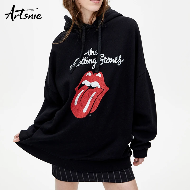 

Artsnie Cartoon Print Casual Black SweatShirt Women Hooded Long Sleeve Knitted Oversized Hoodies Streetwear Loose Sweatshirts