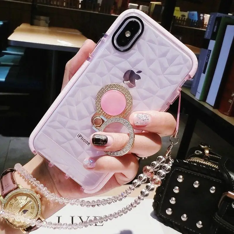 

For Samsung galaxy s8 s9 plus Luxury Fashion Girls diamond finger ring buckle soft clear phone case caver crystal lanyard