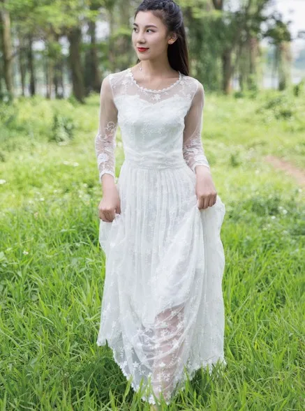 Blue Hat Style White Lace Embroidery long Dress Casual Robe