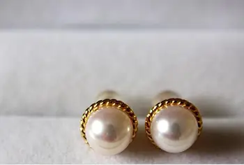 

free shipping gorgeous 18k pair of 8-9south sea round white pearl stud earring