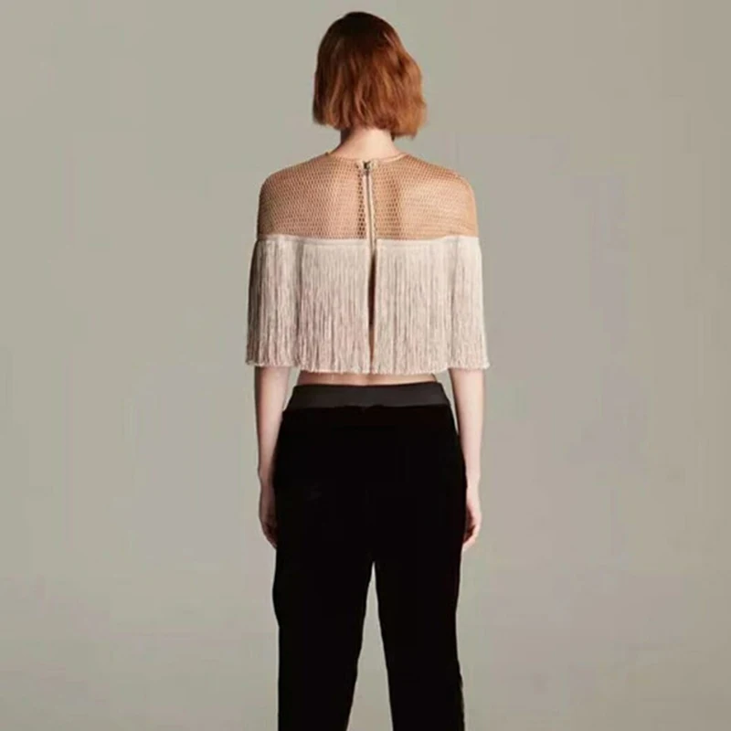 TWOTWINSTYLE Tassel T Shirt For Women Grid Hollow Out Short Sleeve High Waist Sexy T-Shirts Top 2018 Summer Fashion New Clothing TWOTWINSTYLE Tassel T Shirt For Women Grid Hollow Out Short Sleeve High Waist Sexy T-Shirts Top 2018 Summer Fashion New Clothing