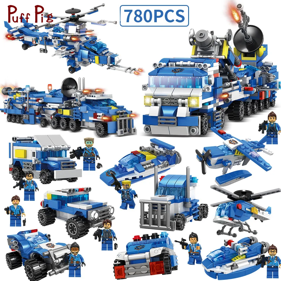 

9 in 1 City Swat Police Trucks Helicopter Boat Building Blocks Compatible Legoing Military Figures Weapons Bricks Children Toys