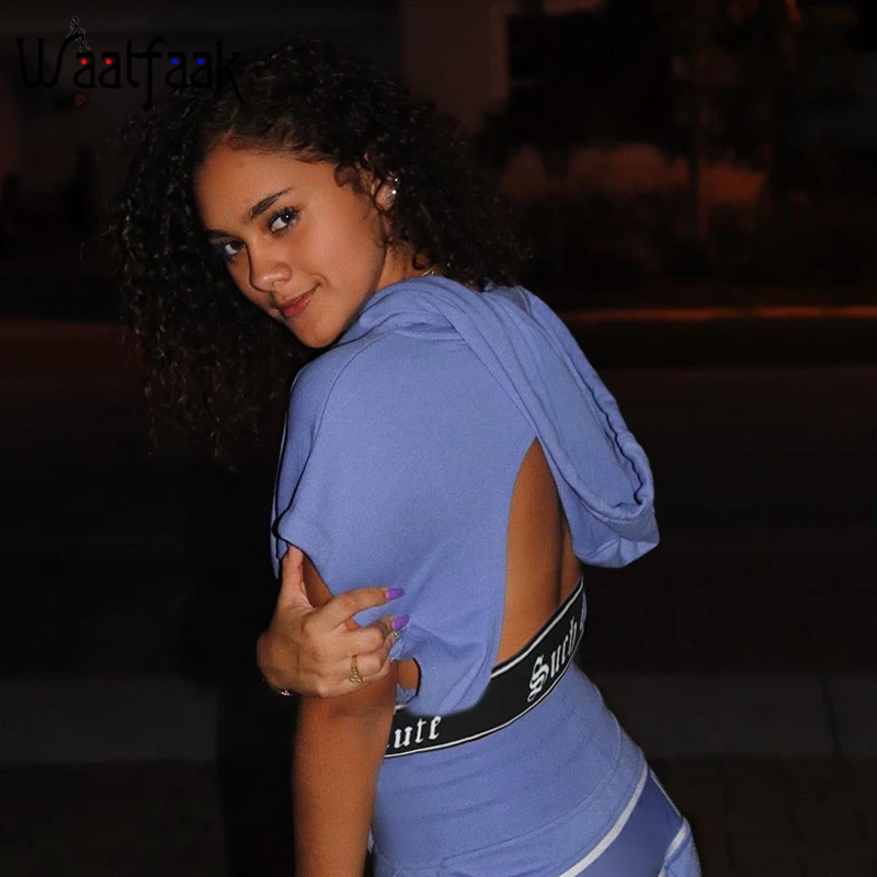 

Waatfaat Korean Backless Hooded Oversized T Shirt Streetwear Loose Short Sleeve Tshirt Women Embroidery Harajuku Summer T-shirt