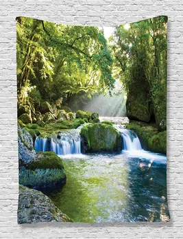 

Jungle Tapestry Forest Rainforest Waterfall Decor by , Foliage Mountains and Mossy Rocks View Print,Art Wall Hanging Tapestry