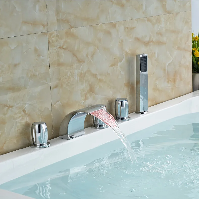 

LED Light Widespread Bathtub Mixer Faucet Waterfall Curve Spout Tub Mixer Taps with Handshower