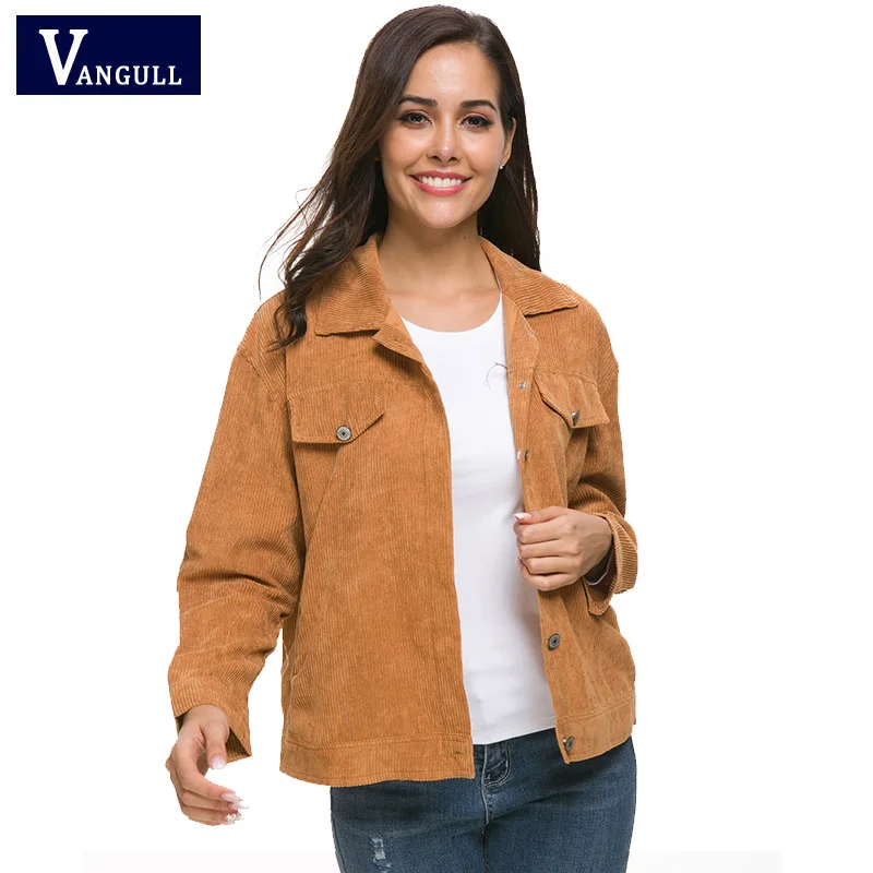 

Vangull Spring Women's Clothing solid Corduroy Short Outerwear Single Breasted Wide-waist Female Basic Jackets Long Sleeve Coats