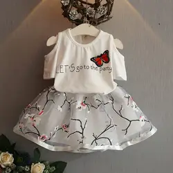 Bibicola grils одежда устанавливает летний стиль девушки одежды бабочки девушки комплект одежды с коротким рукавом футболки + dress дети одежда