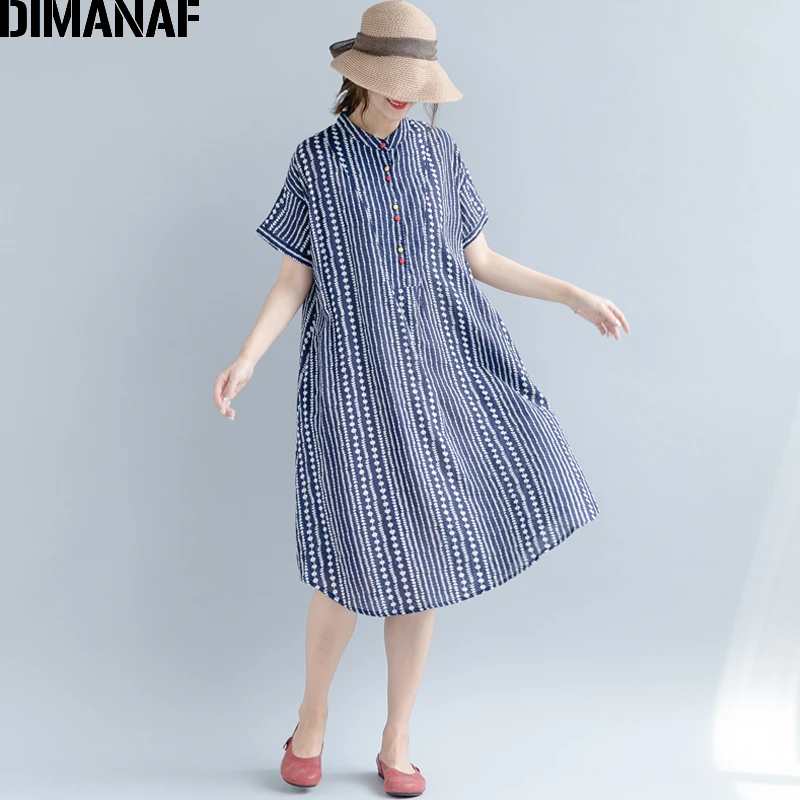 

DIMANAF Women Dress Summer Plus Size Cotton Femme Casual Sundress Thin Elegant Lady Vestidos Striped Blue Print Loose Dress 2018