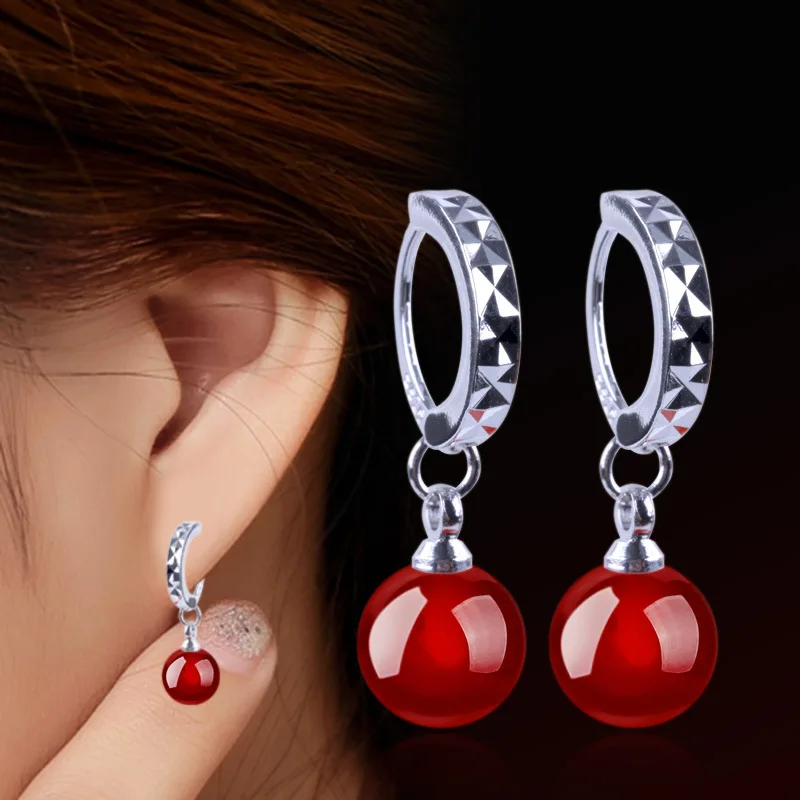 

925 sterling silver Earrings For Women Natural Black And Red Stone Earrings Ear Jewelry Korean Style Party Accessories