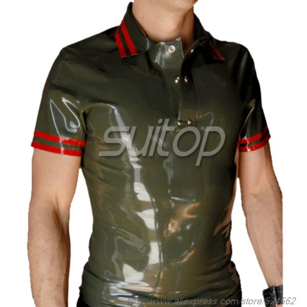 Men 's casual latex T-shirt Rubber Tee shirts top in olive green Men 's casual latex T-shirt Rubber Tee shirts top in olive green