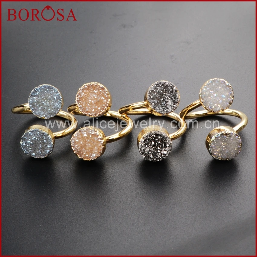 

BOROSA Natural Agates Crystal Druzy Layer Rings for Women Titanium Drusy Gold Adjustable Ring Jewelry Open Ring G1155