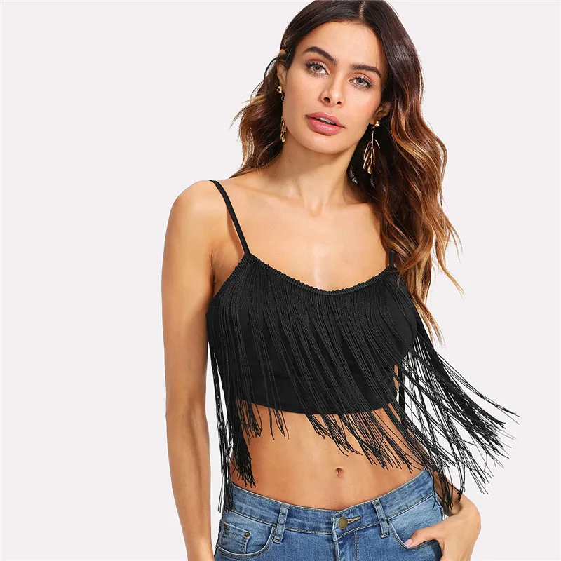 COLROVIE кисточкой Украшенные Crop Cami Top Лето г. черный совок средства ухода за кожей Шеи бахрома майка одежда Спагетти ремень для женщин Топ - Цвет: Черный