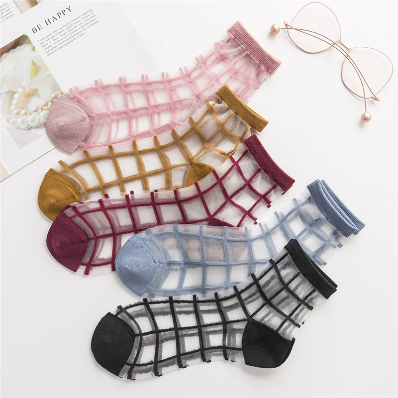 Летние невидимые женские клетчатые носки-невидимки, цветные тонкие короткие прозрачные носки, удобные корейские носки