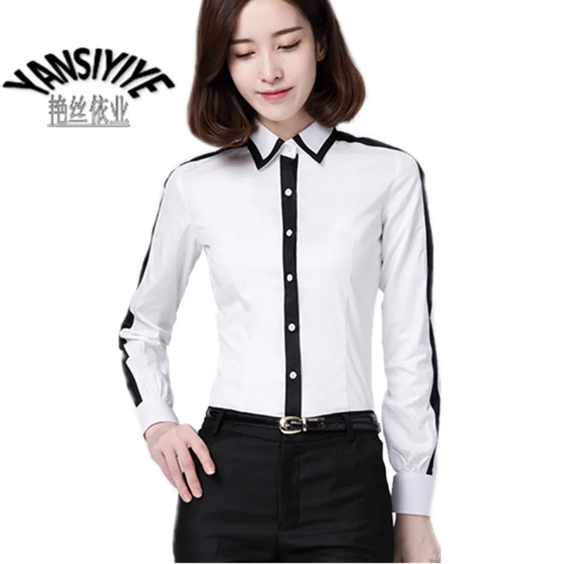 2016 Spring New Fashion Long Sleeve Polos Turn down Collar Tops Women's