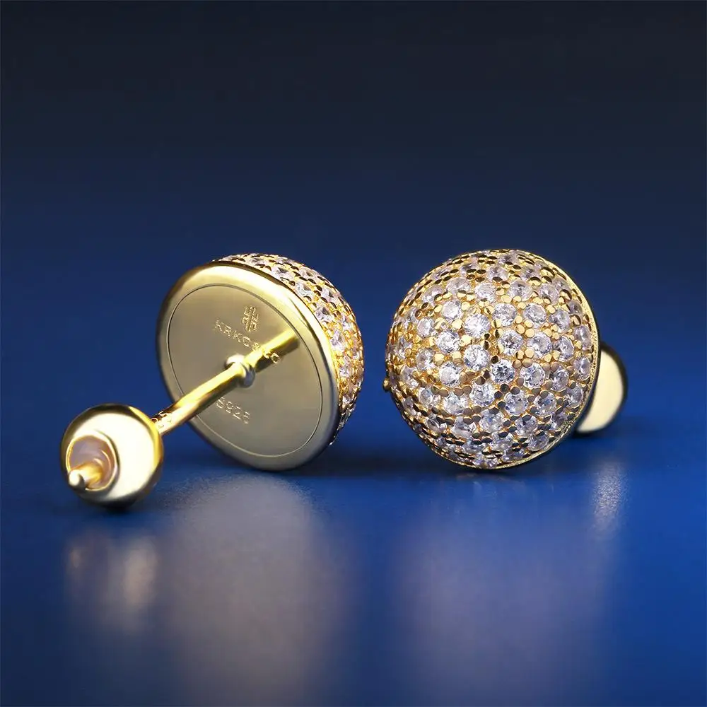 KRKC&CO 14K Gold Iced Out 925 Sterling Silver Button Earrings Hip Hop Jewelry for amazon/ebay online store Wholesale in Stock