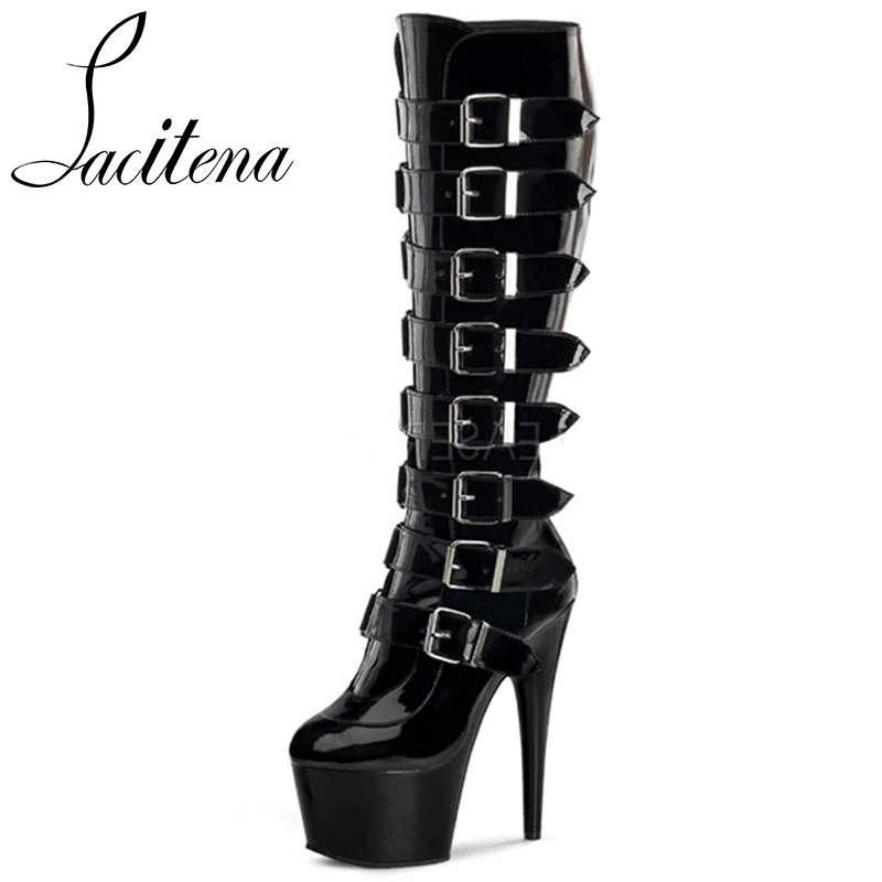 

Women's Black Spike Heels Buckle Strap Pointed Toe Genuine Leather Half Boots