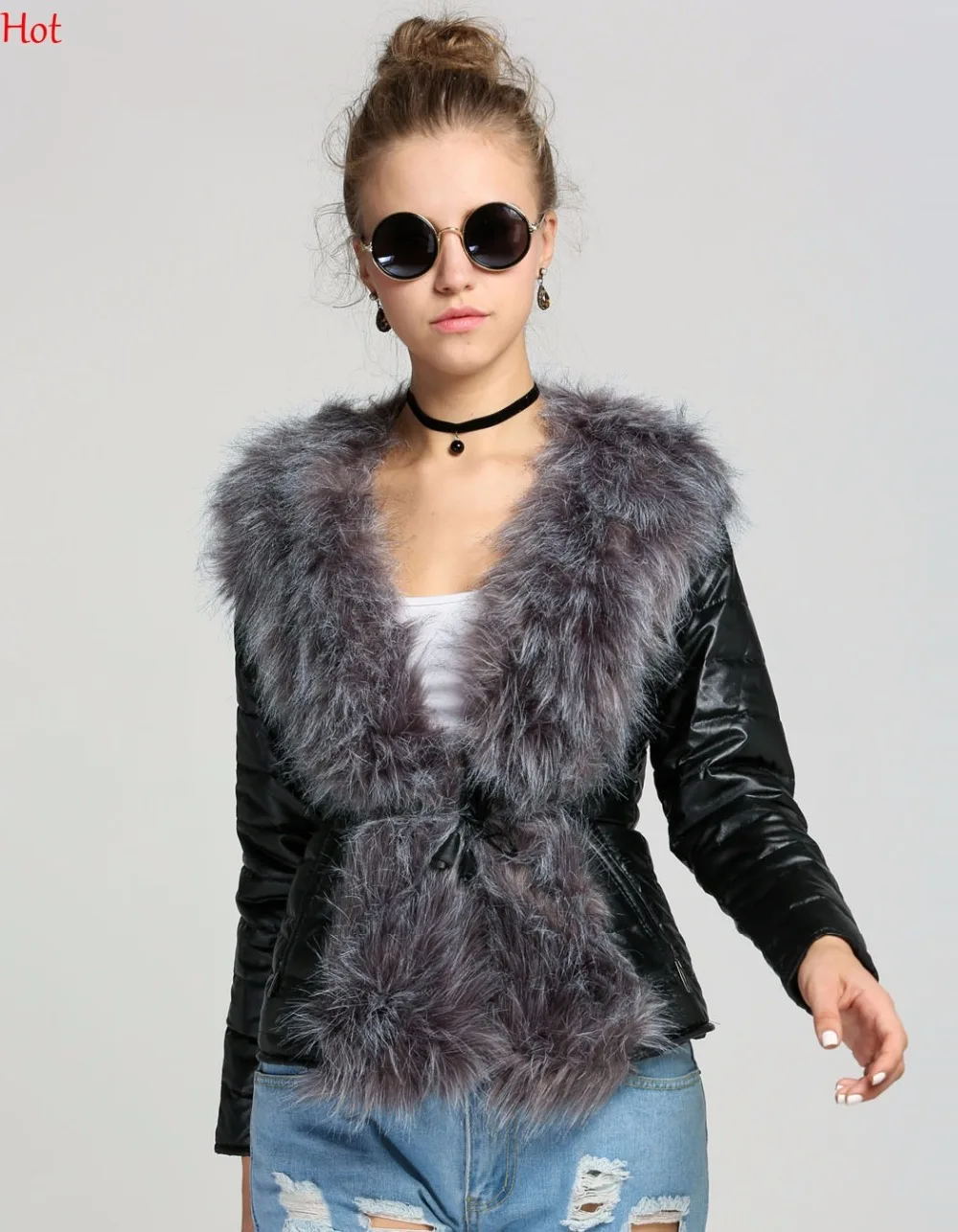 

2017 Womens Winter Jacket Fur Rim New Fashion Faux Fox Fur Coat Women Jacket Gilet Outerwear V Neck Leather Coat Top SV004846