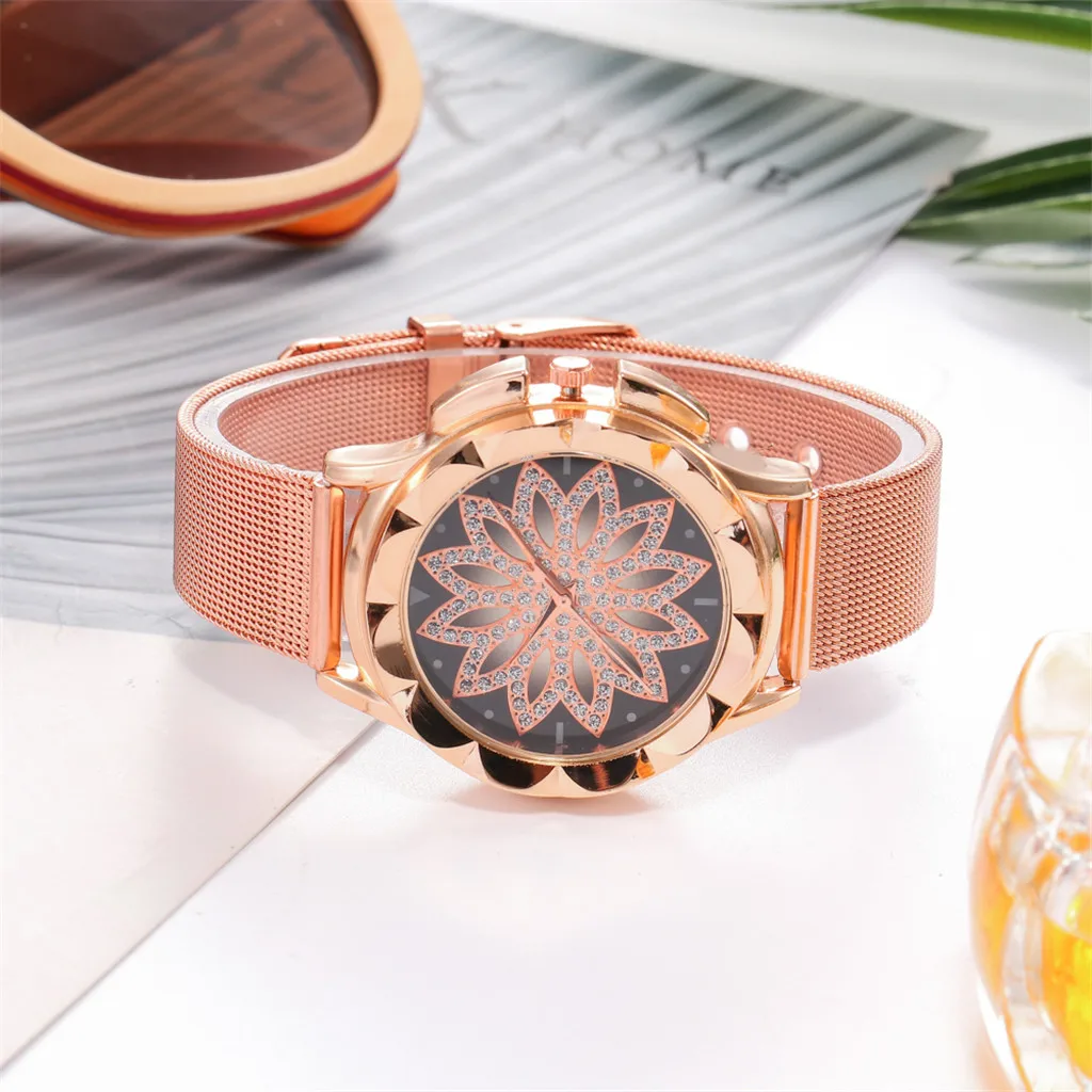 Роскошные женские часы из розового золота, специальный дизайн, 360 градусов вращения, бриллиантовый циферблат, сетчатый магнит, звездное небо, женские часы