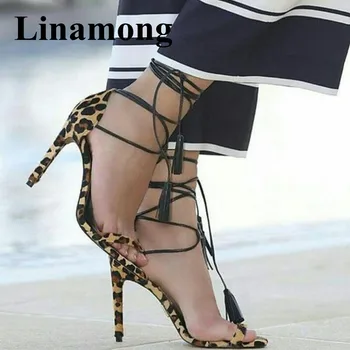 

2018 Sexy Hottest Leopard Thin High Heel And Open Toe Sandals Fashion Cross-tied Fringe Cover The Heel Summer Women Sandals