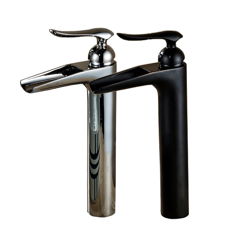 Countertop Bathroom Waterfall Basin Sink Faucet Single Handle Chrome Black Lavarory Vessel Sink Water Taps