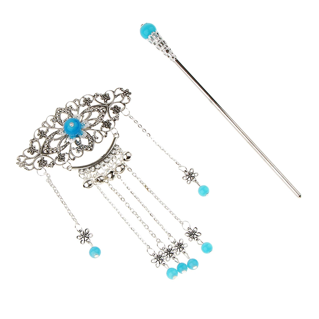 Womens Retro Traditional Chinese Wedding Floral Tassels Bells Hair Stick Chignon Chopsticks Headwear Jewelry
