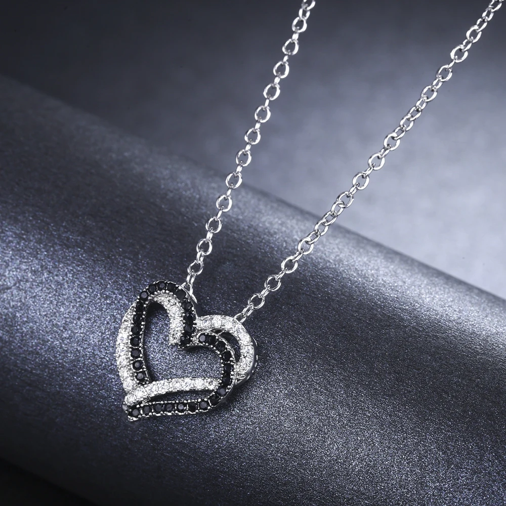 Fine Genuine 100% 925 Sterling Silver Necklace Women Jewelry Heart Black&White Stone Pendants P107