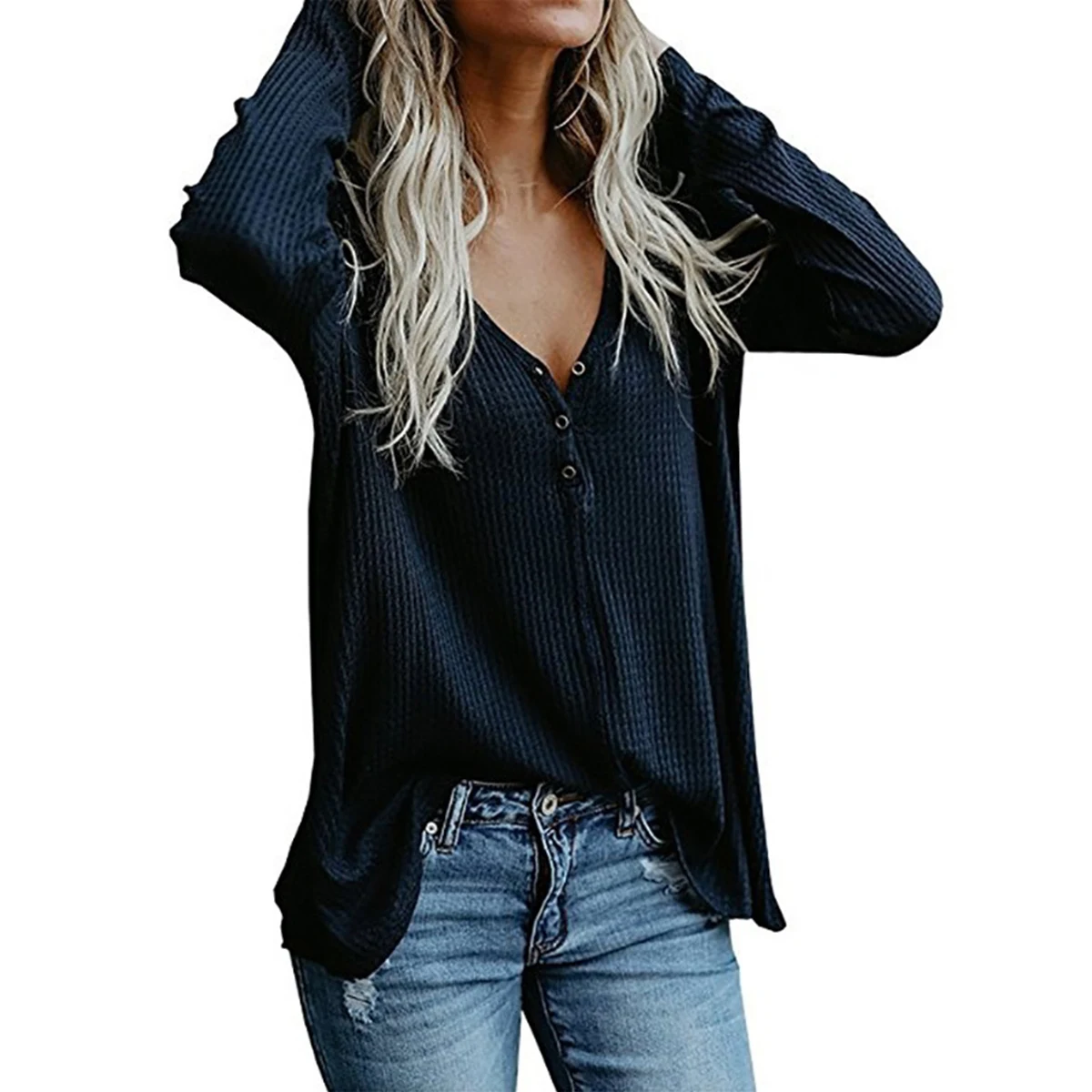 Women Henley T Shirt V Neck Long Sleeve Button Down Plain