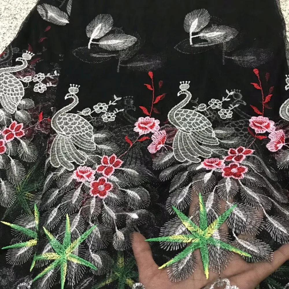 

black colour embroidered french lace fabric new fashion peacock pattern design net tulle lace fabric for women dress rfj291