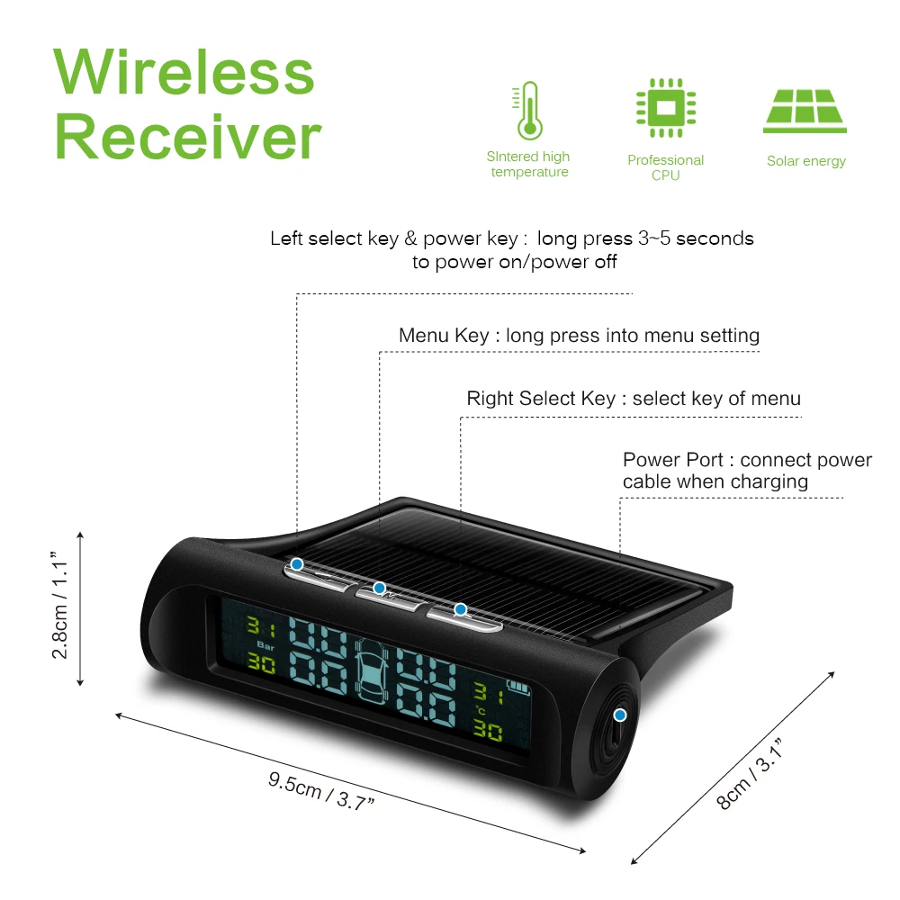 TPMS автомобильный беспроводной монитор давления в шинах сигнализация+ 4 внешних датчика детектор шин мониторинг в реальном времени солнечной энергии/USB заряда