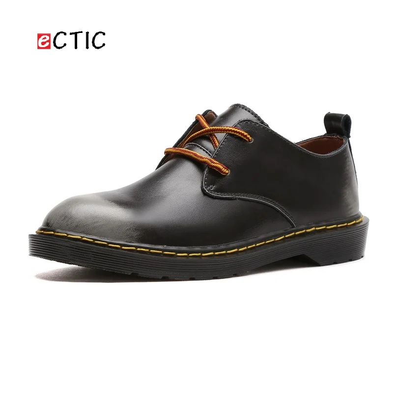 ECTIC Winter Leather Men's Boots Low Top Round Toe Brogue Shoes Outdoor