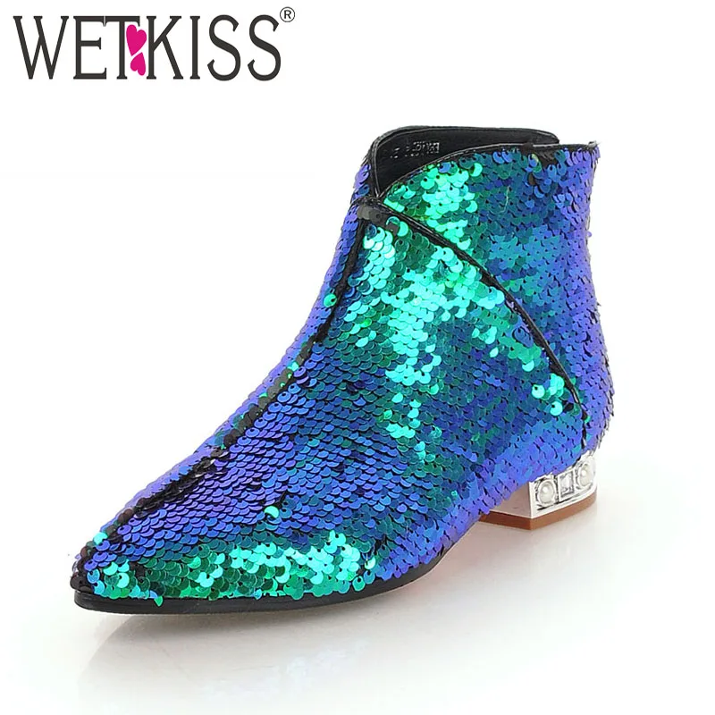 

WETKISS Winter Ankle Women Boot Bling Pointed Toe Short Plush Crystal Footwear Female Boots Low Heels Sequin Shoes Women 2018