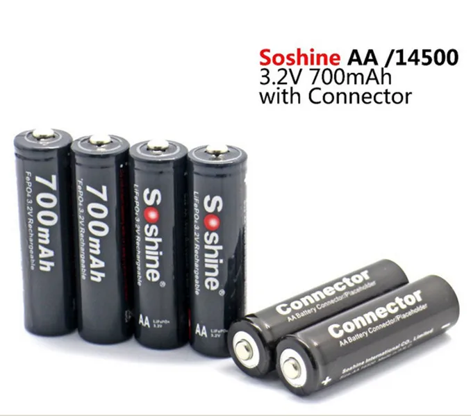 

High Quanlity Original Soshine 700mAh 14500 battery 3.2V LiFePO4 AA Rechargeable Battery Battery Box batteries connector 4pc/lot