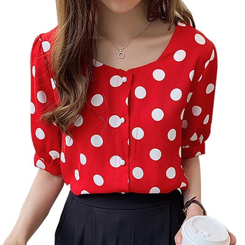 

Summer Women Blouses Square Collar Short Sleeve Button Up Chiffon Basic Blouse Dot Paint Loose Shirt