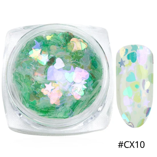 1 коробка блеск для ногтей AB Цвет хлопья ногтей искусство Декор с блестками микс 3D Звезда Сердце Блестки блестка порошок Маникюр TRCX01-12 - Цвет: CX10