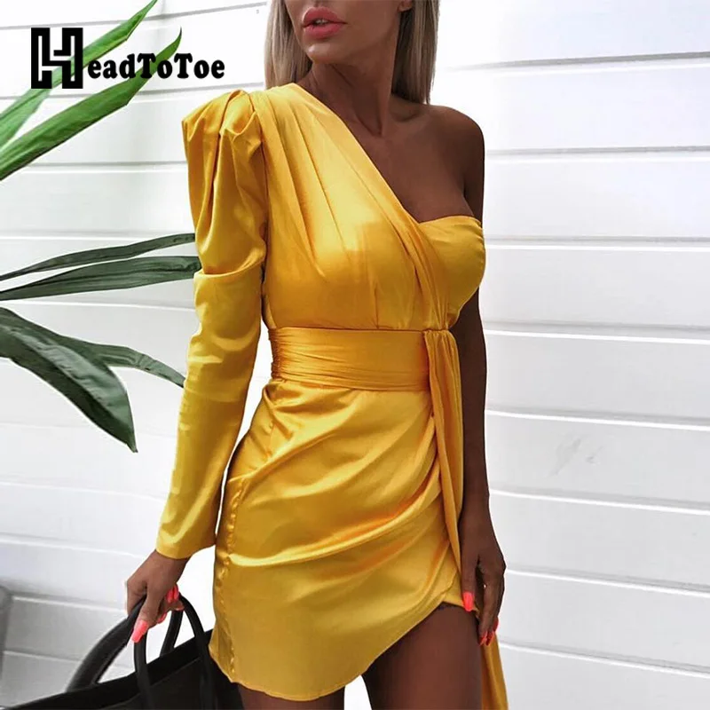 

One Shoulder Ruched Design Irregular Dress Women Summer Yellow Mini Dress