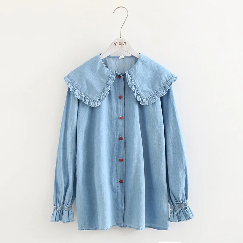 

2019 spring new sweet peter pan collar shirt female wild loose denim shirt top