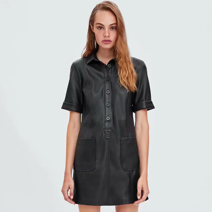 

Autumn Dress Leather Button Up Mini Women Dress