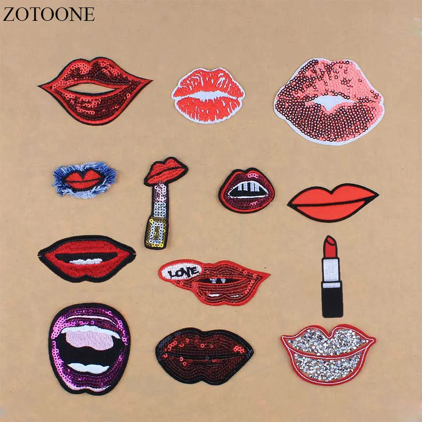 

Prajna 1Pcs Red Lip Patches Embroidered Lip Patches For Clothing Iron Letter Sequin Applique Patch For Girls Clothes Sewing A2