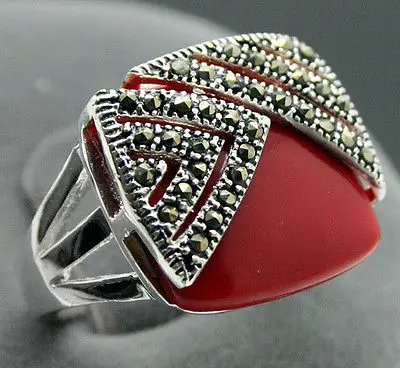 

FREE shipping 14*15mm Square Red Coral Marcasite 925 Sterling Silver Ring Size 7/8/9/10