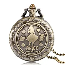 Bronze Retro Alice in Wonderland Beautiful Girl Pattern Quartz Necklace Pendant Pocket Watch Alice Watches Fans Girlfriend Gifts
