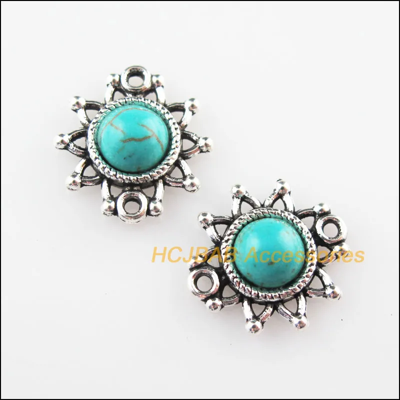 

12Pcs Retro Tibetan Silver SunFlower Stone Charms Pendant Connectors 14x15mm