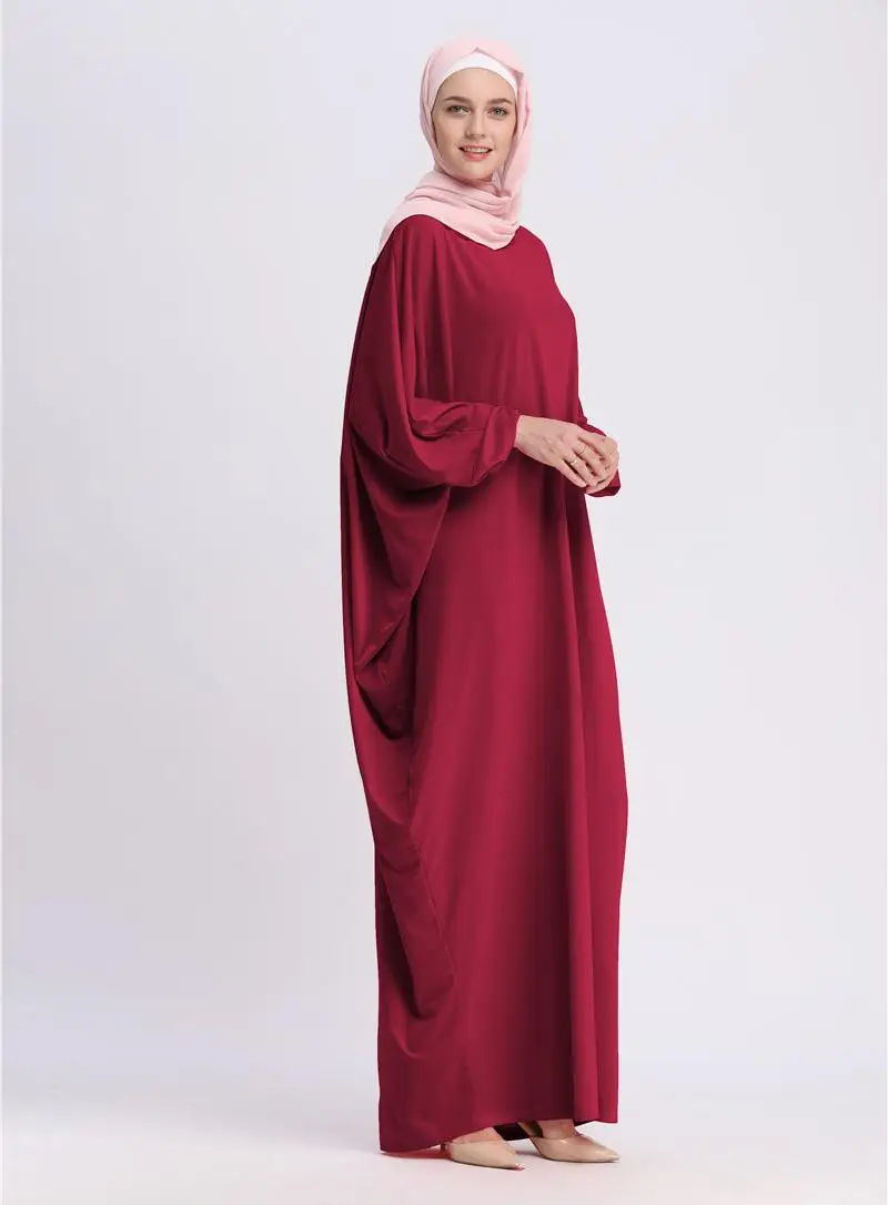Дубайский мусульманский Для женщин молитва платье с рукавами «летучая мышь» Абая, головной платок арабское одеяние Макси коктейльное свободное кафтан Исламский длинный халат Ближний Восток - Цвет: Wine Red