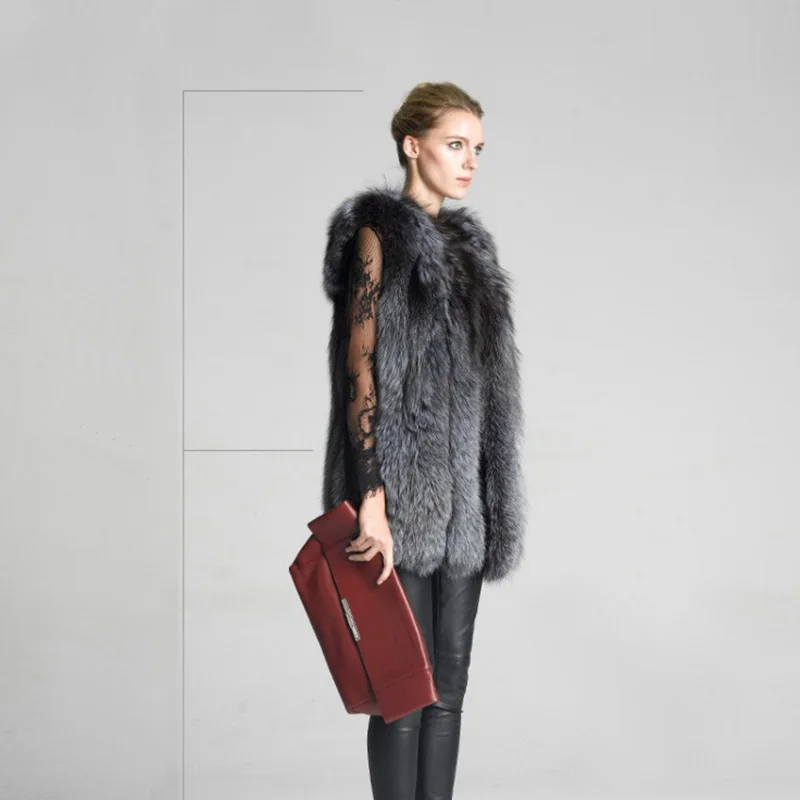  Hot silver Real Fox Fur Vest Winter Women Casual Warm Ladies Fur Coat bayan ceket long Sleeveless Fur Jacket Outerwear Clothing