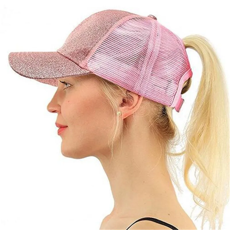 Nuevo niñas Ponytail gorras de béisbol mujeres verano malla transpirable sombrero Snapback Sunhat lentejuelas brillan sombrero gorras de beisbol