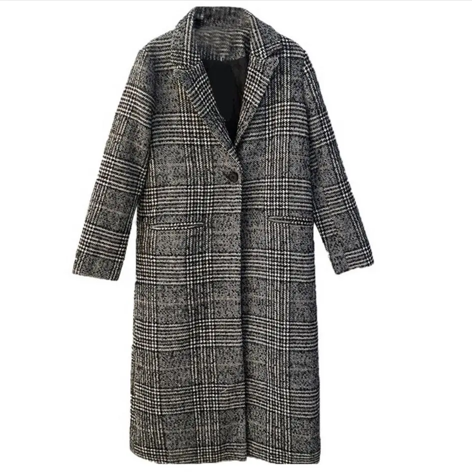 Vintage Plaid one button Wool blends Coat Women 2018 New Fashion Autumn