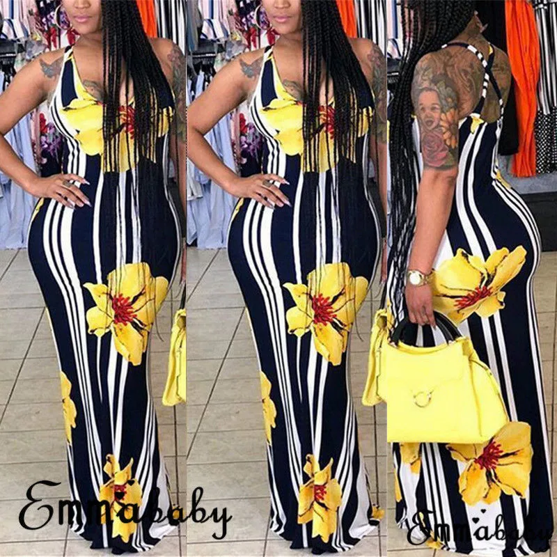 

Party Ladies backless Dresses one pieces New Trendy Women Dress V-neck sleeveless striped Bodycon Flower print polyester