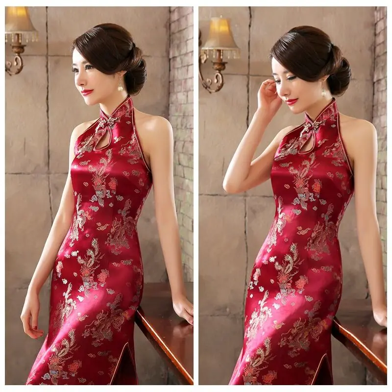 Китайская традиционная Для женщин Cheongsam сатиновое платье-Ципао в китайском стиле Стиль платье с лямкой на шее, для вечеринок, с вырезом на спинке, облегающее китайское свадебное Ципао Vestido