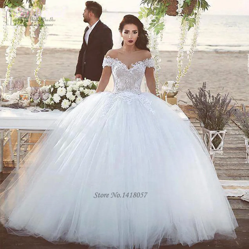 

2016 Elegant White Champagne Wedding Dresses Turkey Lace Wedding Bridal Gowns Dress off Shoulder Ball Gown Floor Length Tulle